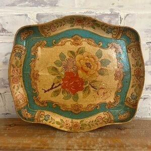 1950 Hand Painted Tray Floral Papier-mâché Japan French Country Decor Turquoise